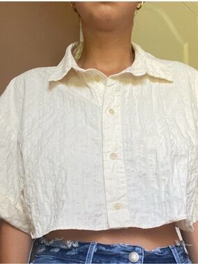 Zara Cream Boxy Cropped Button-Front Top Seersucker Fabric Textured NWOT